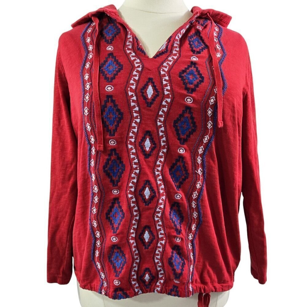 Coldwater Creek 100% Cotton Slub Red Embroidered Pullover Hoodie Boho